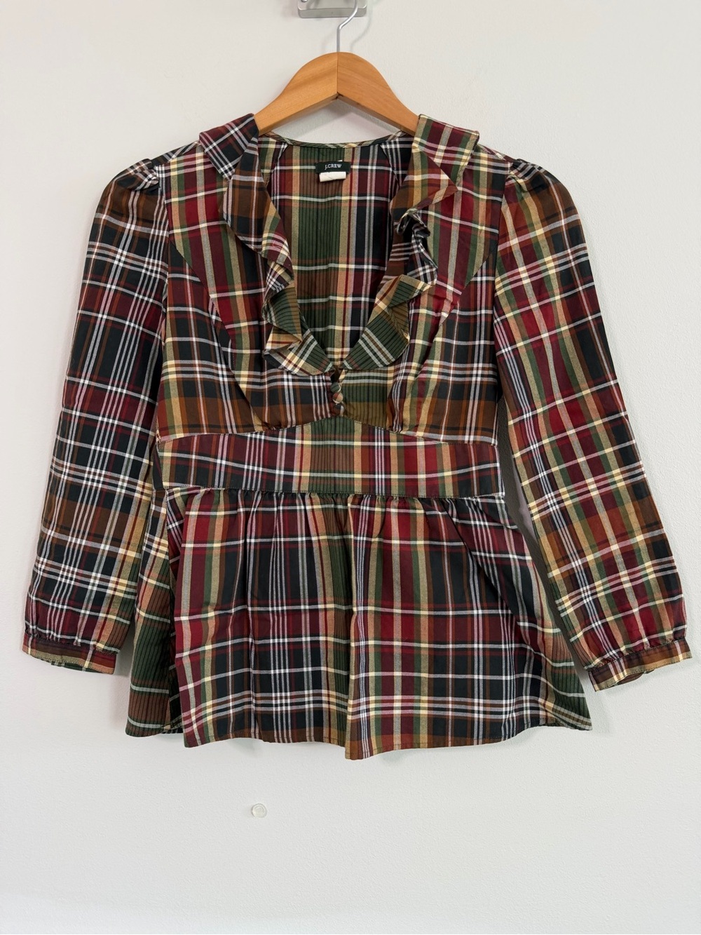 J.Crew Vintage Tartan Plaid Ruffle V-Neck Peplum Blouse Holiday Size 0
